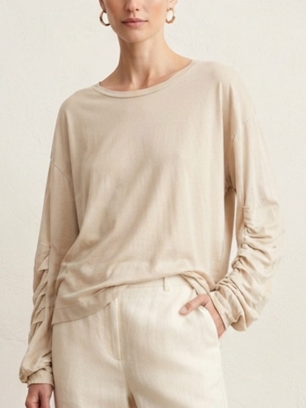 Burning Torch Long Sleeve Ruched-Sleeve Tee in Cream